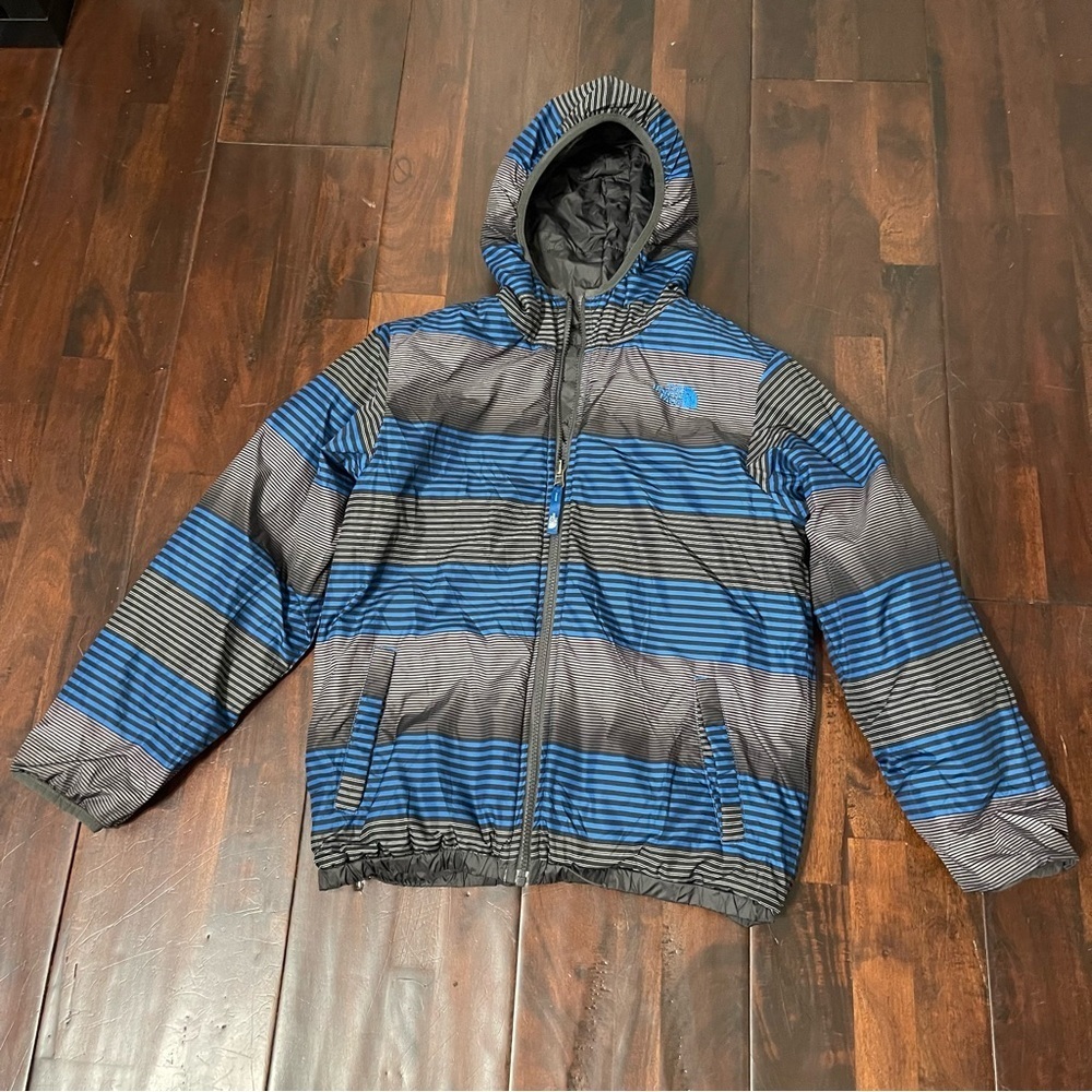 The North Face Reversible Puffer Jacket Boys Large (14-16) Gray And Blue READ